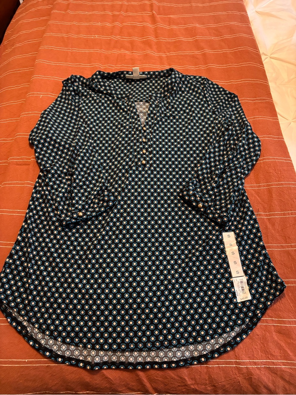 Dana Buchman Teal, Black and White Geometric 3/4 Sleeve Blouse